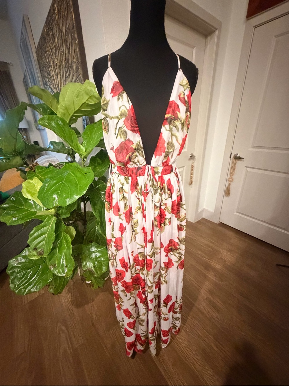 Floral Plunge Maxi Dress with Red Rose Print